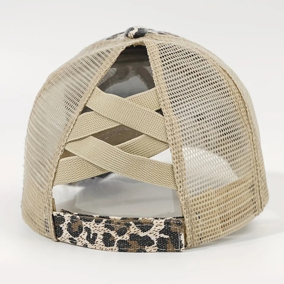 Leopard Print Crisscross Ponytail Hat, NWT - Picture 2 of 2